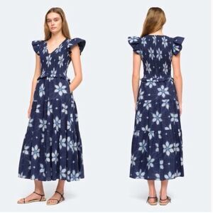 SEA NY 100% Cotton Blue Isla Print Ruffle Sleeves Smocked Cotton Midi Dress Sz 4